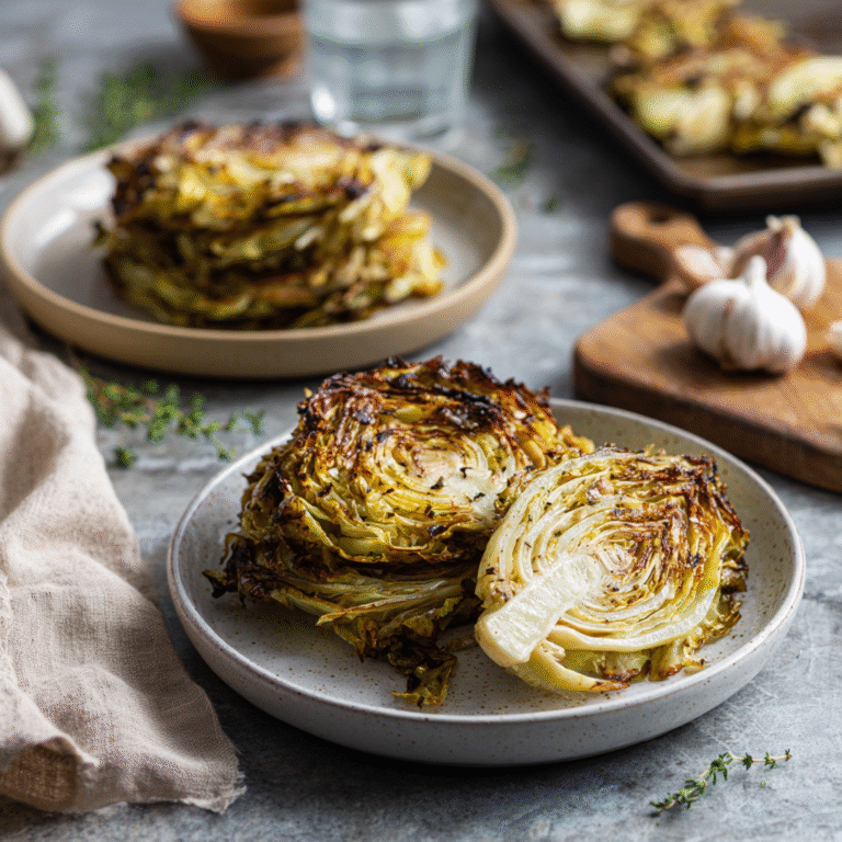 Garlic roasted cabbage steaks caramelized in the oven, served as a simple and flavorful vegetable side dish.