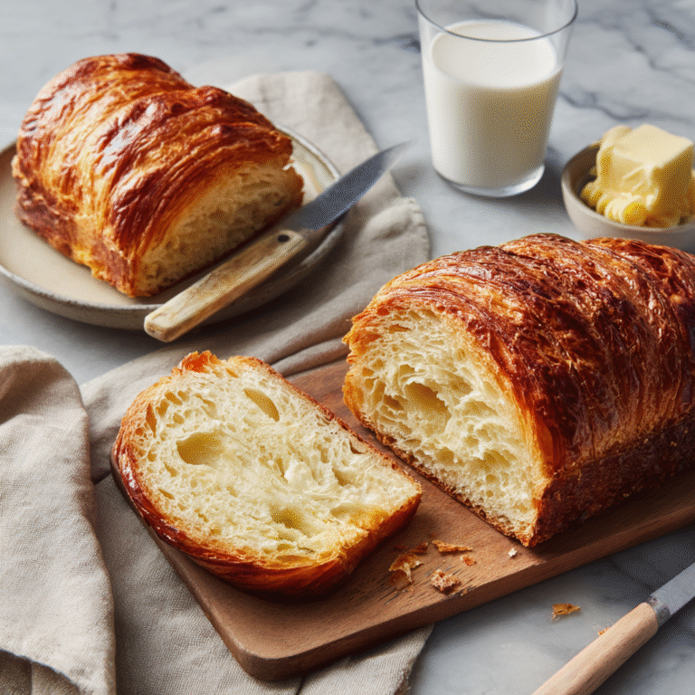 Flaky croissant bread loaf with visible buttery layers, sliced to show its airy, laminated texture.