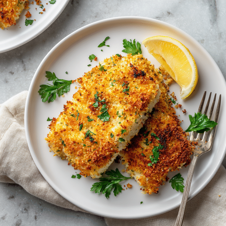 Golden parmesan crumbed fish fillets with crispy coating on a plate creating a quick and flavorful weeknight dinner presentation ready in just 10 minutes