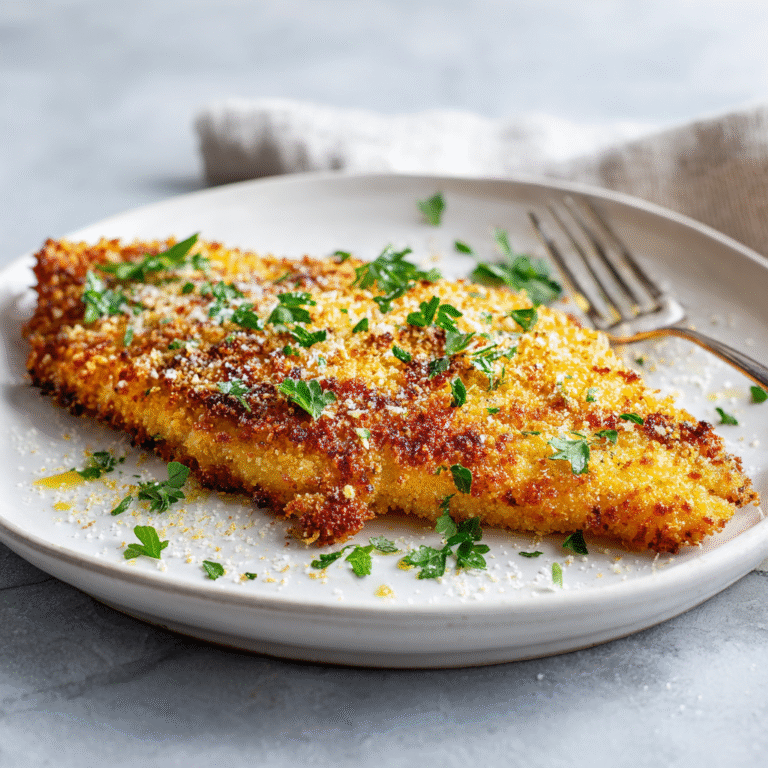 Ten-minute Parmesan crumbed fish on a plate with golden crispy coating, flaky white fish inside, garnished with lemon wedges and fresh herbs creating a quick and appetizing meal