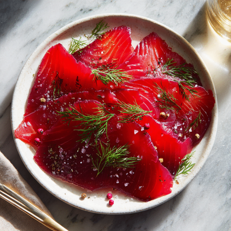 Beetroot cured salmon sliced on a serving board with vibrant pink color from beetroot cure, garnished with fresh dill, capers, and lemon creating an elegant presentation