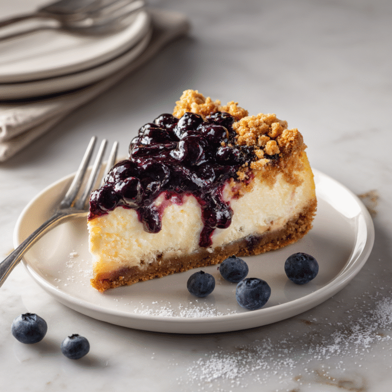 Luscious blueberry crumble cheesecake with creamy filling, sweet blueberry topping, and buttery crumble layers creating an indulgent layered dessert presentation combining three beloved desserts