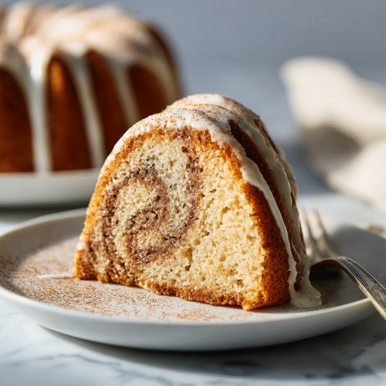 Cinnamon swirl bundt cake on a cake stand with marbled cinnamon swirls throughout, drizzled with white glaze creating an elegant and appetizing presentation