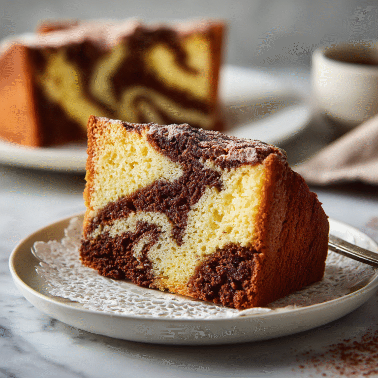Classic marble cake sliced on a plate showing beautiful swirls of vanilla and chocolate cake, moist crumb texture creating an elegant and nostalgic presentation