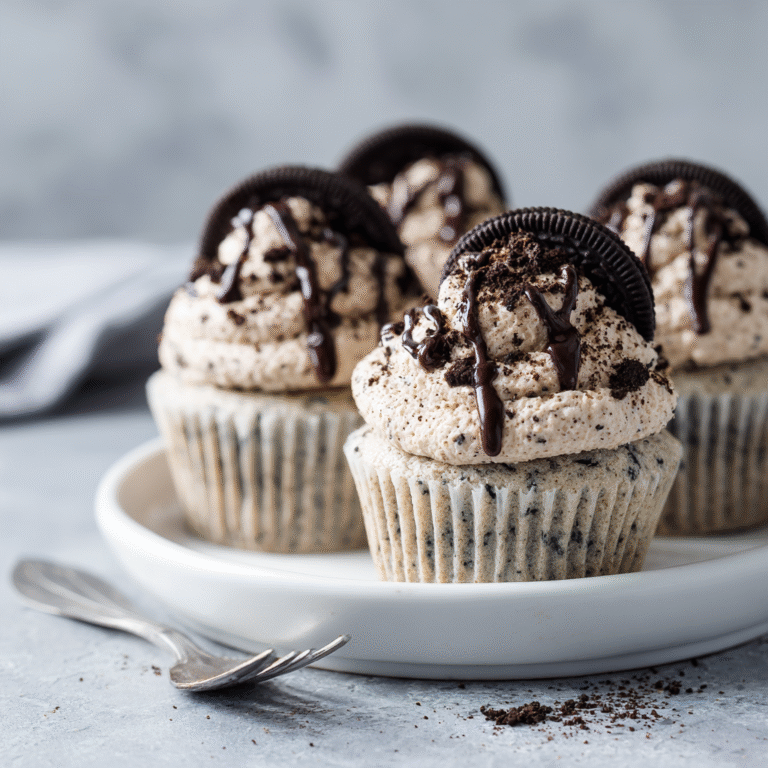 Cookies and cream cupcakes on a display with chocolate cupcakes filled with Oreo pieces, topped with white frosting, crushed Oreos, and whole cookie garnish creating a decadent presentation
