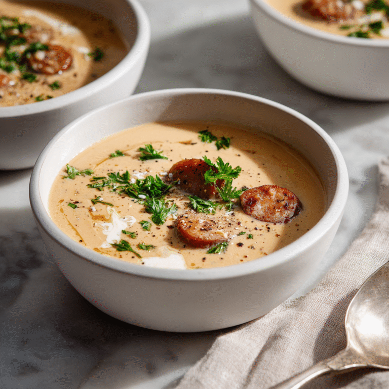 Creamy bean soup with sausage in a bowl with thick creamy broth, white beans, sliced sausage, vegetables, and fresh herbs creating a comforting and hearty presentation