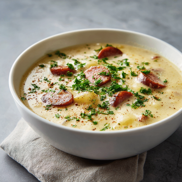 Creamy kielbasa potato soup in a bowl with chunks of smoky sausage and tender potatoes creating a hearty and comforting one-pot meal presentation perfect for cold weather