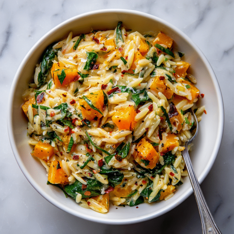 Creamy orzo with roasted butternut squash and spinach in a serving dish with tender pasta, caramelized squash cubes, wilted spinach in rich cream sauce, topped with Parmesan creating a colorful fall-inspired meal