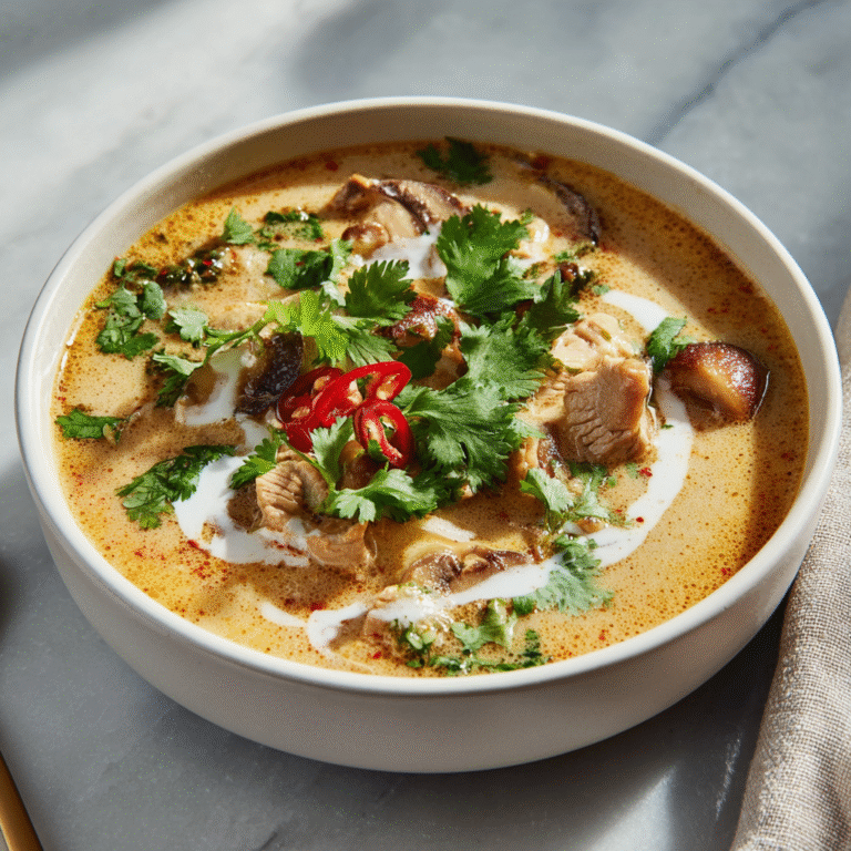 Creamy Thai turkey soup in a bowl with coconut milk broth, shredded turkey, vegetables, Thai herbs, and garnishes creating a rich and aromatic soup presentation