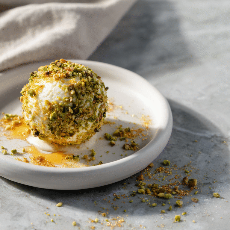 Decadent Dubai pistachio cheese bomb with crispy exterior and creamy pistachio cheese filling creating a luxurious viral Middle Eastern-inspired dessert presentation with layers of indulgent texture