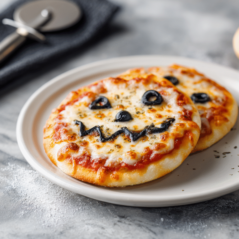 Easy mini Halloween pizzas on a serving board with creative spooky designs including jack-o-lantern faces, spider webs, and ghosts made from cheese and toppings creating a festive Halloween presentation