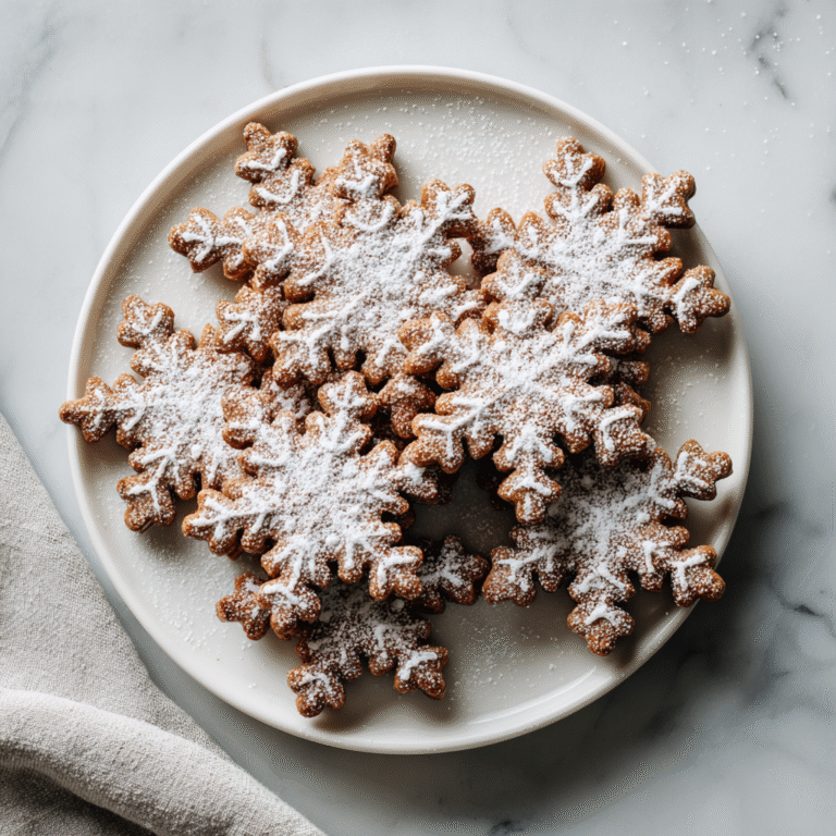 Vegan cinnamon snowflake cookies with crisp edges and a light sugar dusting, styled for festive winter and holiday baking.