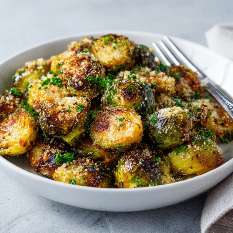 Garlic Parmesan roasted Brussels sprouts on a serving plate with golden caramelized edges, crispy exterior, topped with shredded Parmesan cheese and garlic creating a flavorful side dish