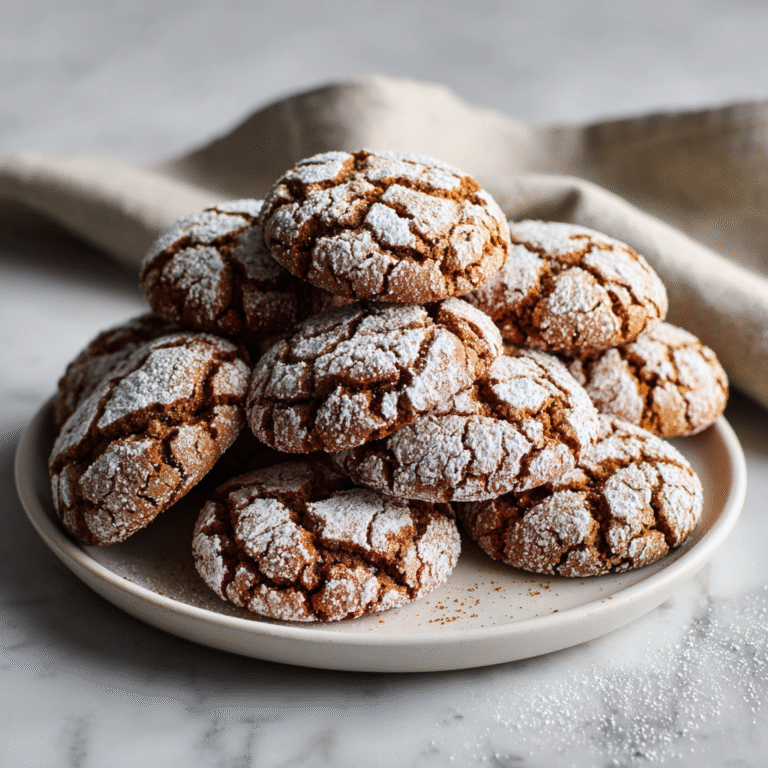 Soft gingerbread crinkle cookies with powdered sugar crackled tops, showcasing warm spices and a festive holiday presentation.