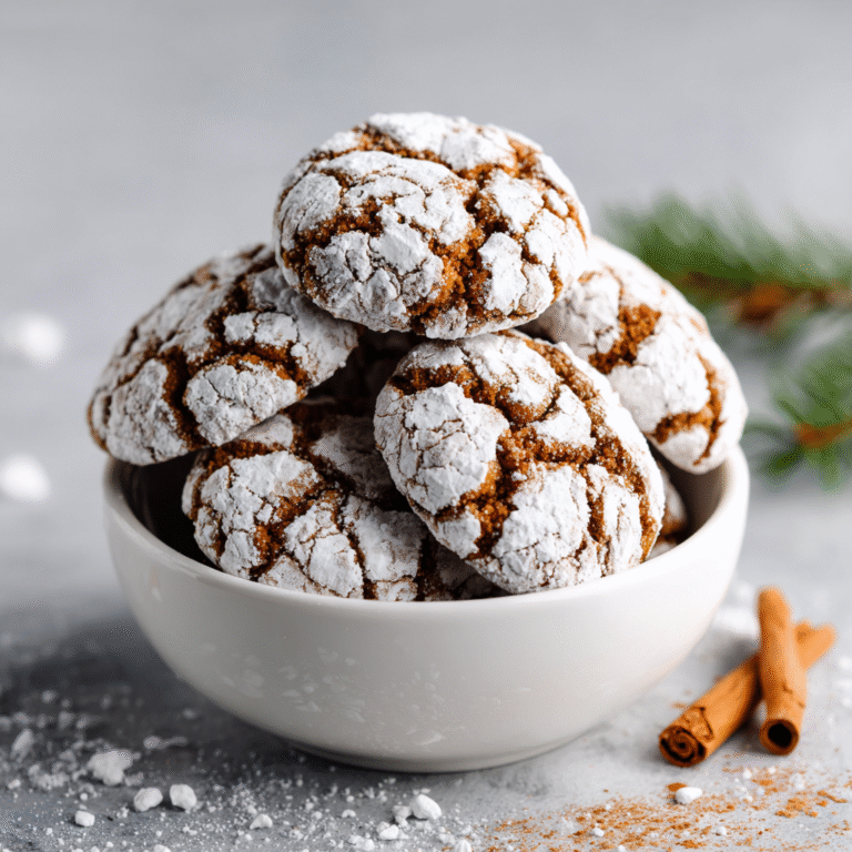 Gingerbread crinkle cookies on a plate with crackled powdered sugar coating revealing dark gingerbread cookie underneath, creating a festive contrast and beautiful holiday presentation