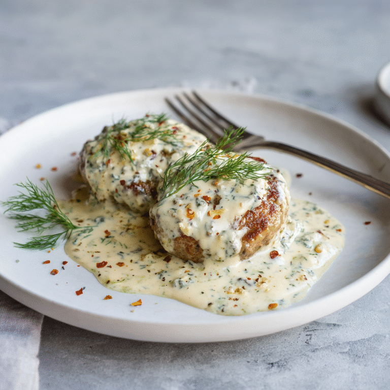 Juicy hamburger steaks covered in creamy dill sauce, served as a comforting skillet dinner.