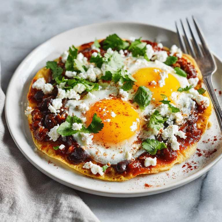 Huevos rancheros on a plate with crispy tortillas topped with fried eggs, red ranchero sauce, refried beans, avocado, cilantro, and cheese creating a colorful Mexican breakfast