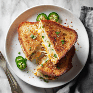 Jalapeño popper grilled cheese sandwich cut in half on a plate showing melted cream cheese, cheddar, jalapeños, and crispy bacon between golden toasted bread with cheese pull