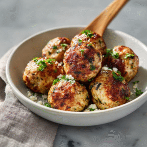 Mediterranean baked turkey meatballs on a serving plate with golden brown exterior, visible herbs and feta cheese, garnished with fresh parsley and lemon wedges creating a healthy and appetizing presentation