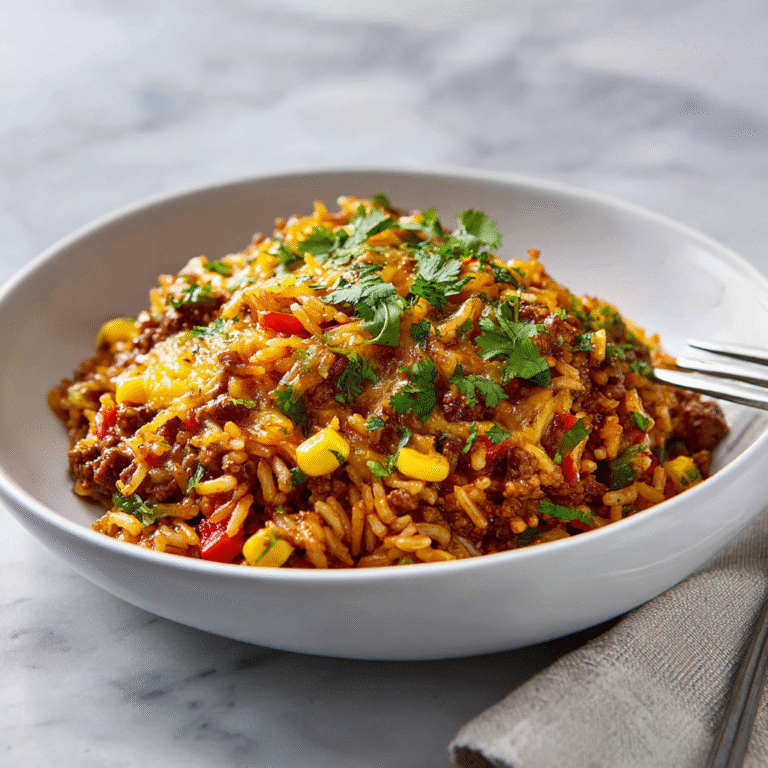 Mexican ground beef casserole with rice in a baking dish with layers of seasoned beef, rice, beans, melted cheese, topped with sour cream, tomatoes, and cilantro creating a colorful Tex-Mex presentation