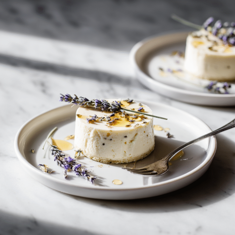 Creamy no-bake honey lavender cheesecake on a plate with a smooth pale purple filling, graham cracker crust, garnished with fresh lavender sprigs and honey drizzle