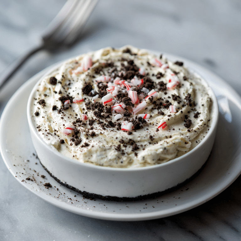 Creamy no bake peppermint Oreo cheesecake with chocolate cookie crust and festive peppermint toppings creating an elegant holiday dessert presentation without requiring an oven