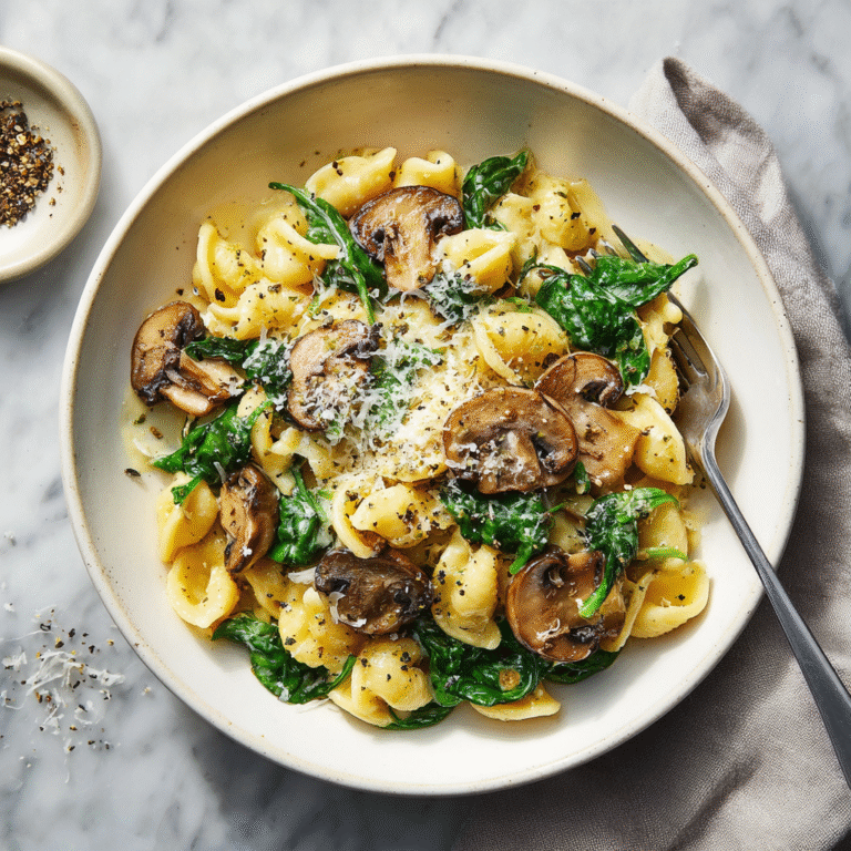 One-pot garlic Parmesan pasta with spinach and mushrooms in a skillet, featuring creamy pasta with wilted spinach, sliced mushrooms, and Parmesan cheese creating a comforting one-pan meal