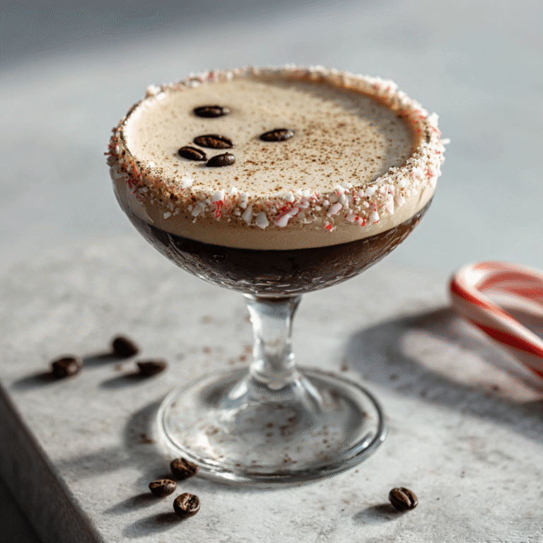 Peppermint espresso martini in a coupe glass with creamy foam top, garnished with crushed candy cane and coffee beans, creating an elegant festive cocktail presentation