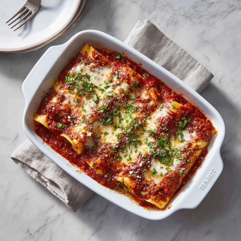 Baked spinach beef cannelloni covered in creamy white sauce and melted golden cheese in a baking dish creating a hearty Italian comfort food presentation with stuffed pasta tubes