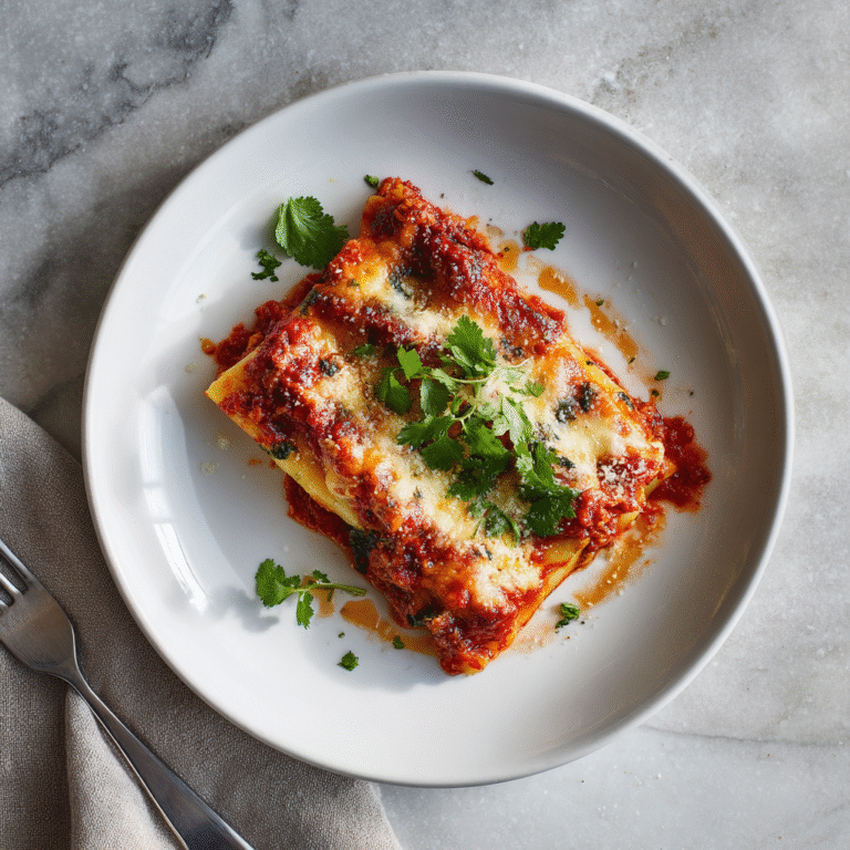 Spinach beef cannelloni in a baking dish with stuffed pasta tubes covered in tomato sauce and melted cheese, garnished with fresh basil creating a comforting Italian meal presentation