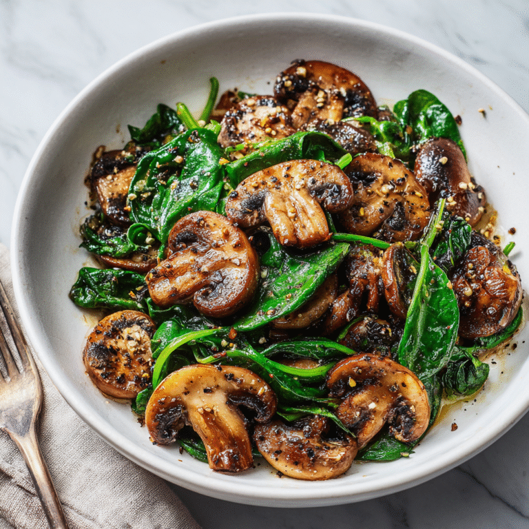 Spinach mushroom skillet with sautéed mushrooms and wilted spinach cooked with garlic in a pan.