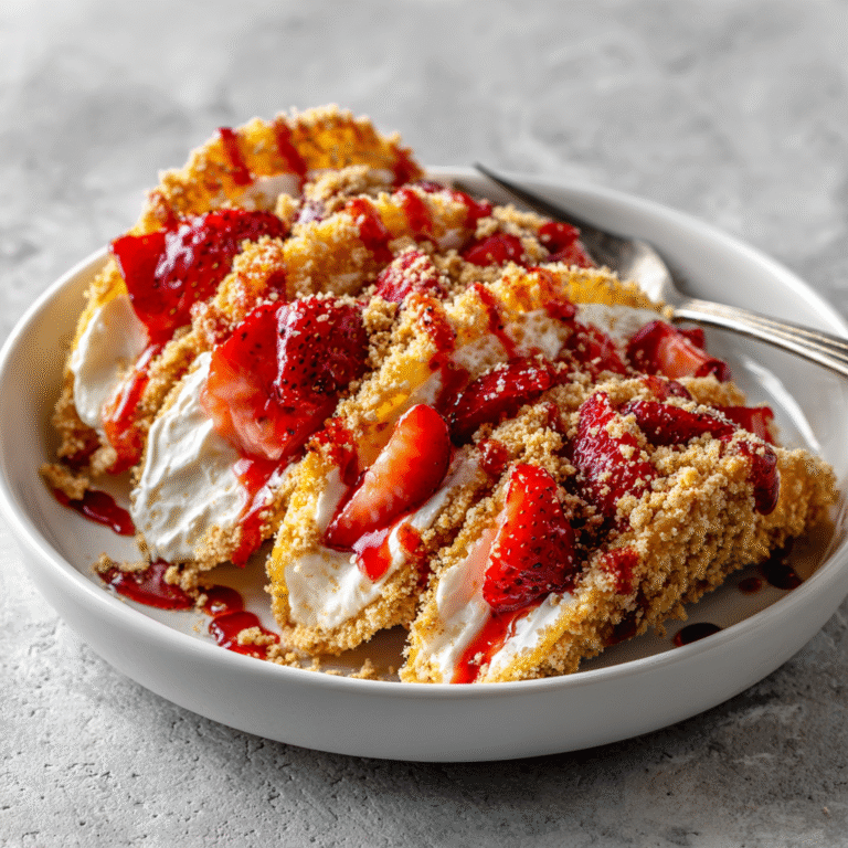 Strawberry crunch cheesecake tacos on a serving plate with crispy taco shells filled with creamy cheesecake filling, fresh strawberries, and golden crunch topping creating a fun and colorful presentation