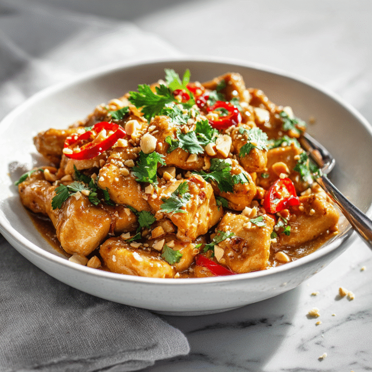Thai peanut chicken in a serving dish with tender chicken pieces coated in creamy peanut sauce, garnished with crushed peanuts, cilantro, and lime creating an appetizing Asian-inspired meal