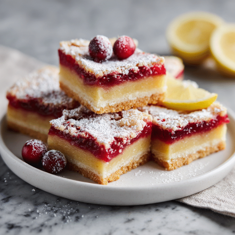 Cranberry lemon bars on a plate dusted with powdered sugar, featuring buttery shortbread crust with bright yellow lemon filling studded with red cranberries creating a festive presentation