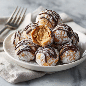 Freshly made peanut butter balls on a plate with smooth chocolate coating covering creamy peanut butter filling, some with exposed peanut butter center creating a classic homemade candy presentation