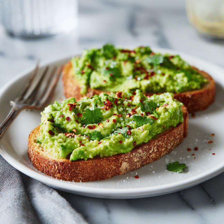 Mashed avocado toast on a plate with creamy green avocado spread on toasted bread, topped with red pepper flakes, sea salt, and optional toppings creating a healthy and colorful presentation