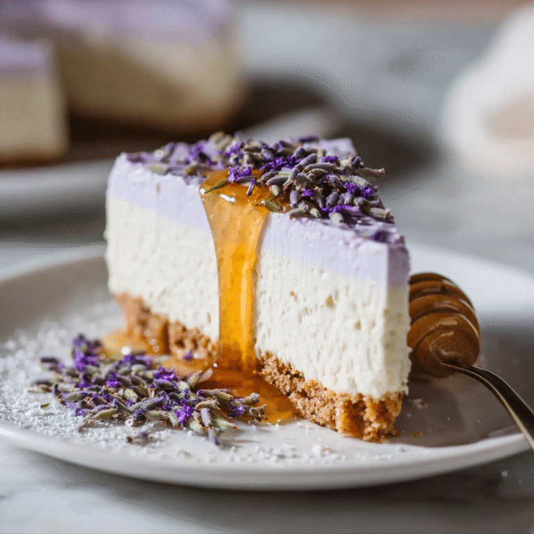 Elegant no-bake honey lavender cheesecake with smooth creamy filling and lavender garnish on graham crust creating a sophisticated floral-infused dessert presentation without requiring an oven
