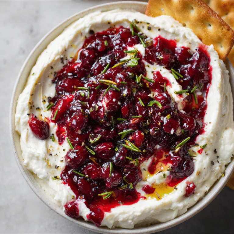 Cranberry whipped feta dip topped with cranberries and herbs, served with crackers as a festive holiday appetizer.
