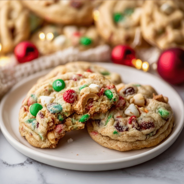 Christmas kitchen sink cookies packed with chocolate chips, candy pieces, and pretzels, baked into thick and chewy festive cookies.