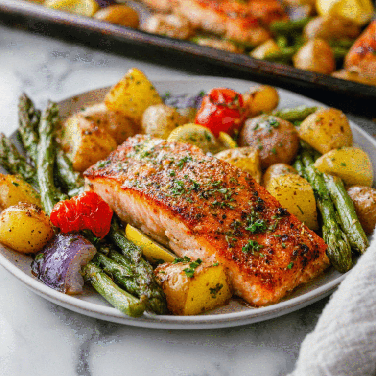 Elegantly plated salmon fillet with roasted potatoes and colorful vegetables arranged on a plate creating a balanced and nutritious restaurant-quality dinner presentation