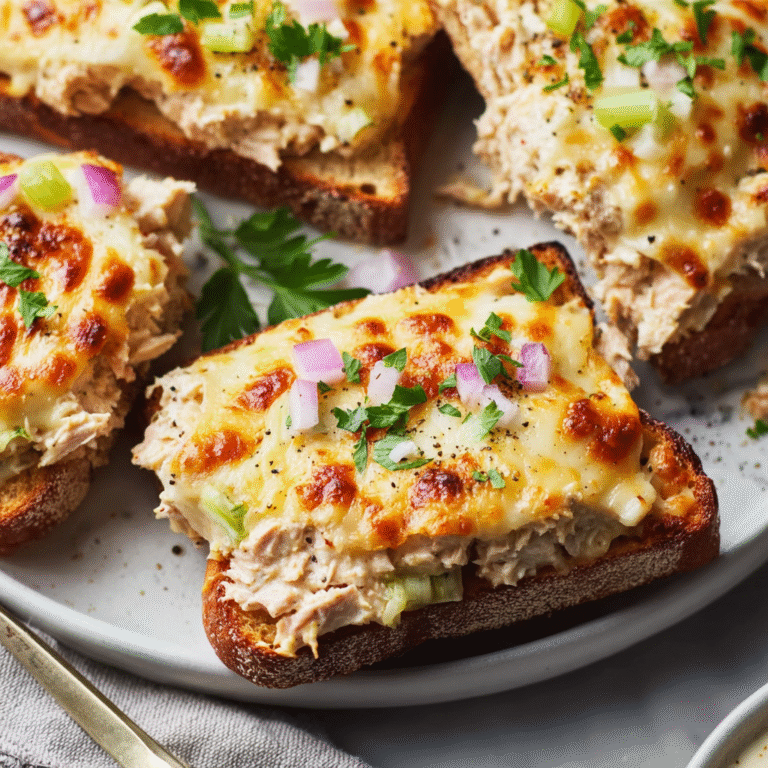 Sheet pan tuna melts with toasted bread, creamy tuna salad, and melted cheese baked until golden.