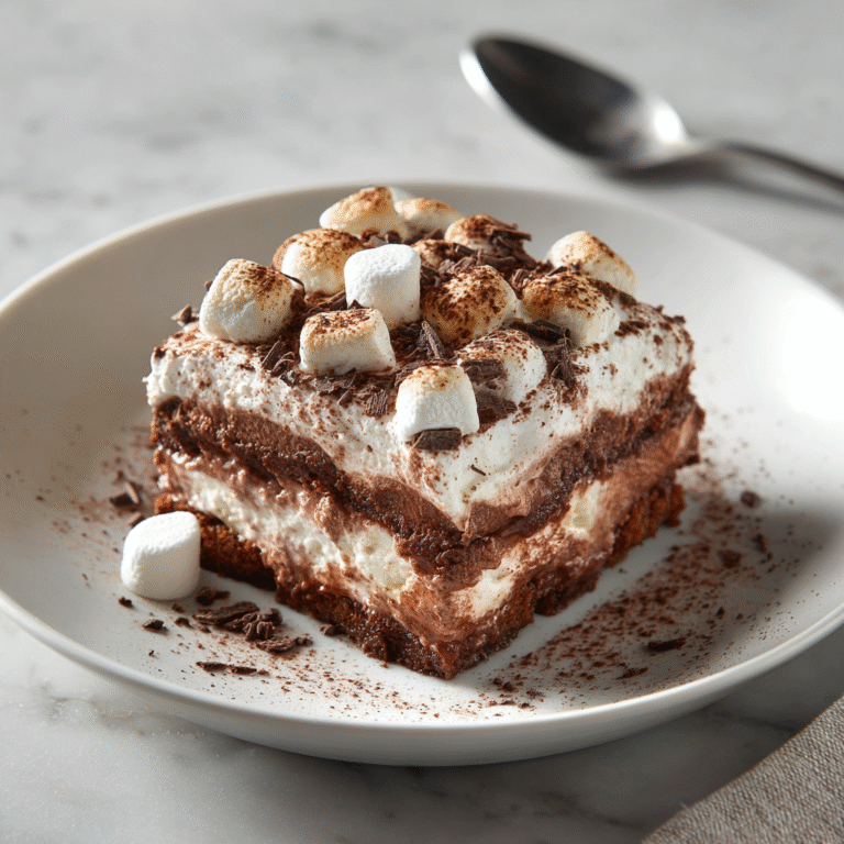 Hot chocolate lasagna dessert with layered chocolate crust, creamy filling, and whipped topping.