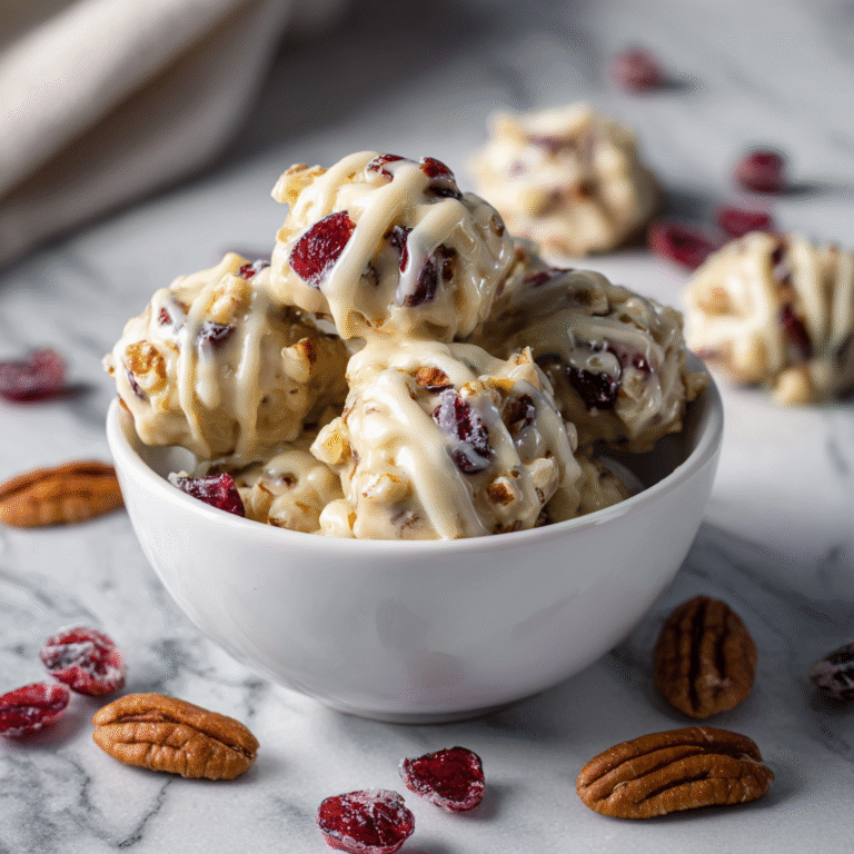White chocolate cranberry pecan clusters with dried cranberries and toasted pecans, set into bite-sized treats.
