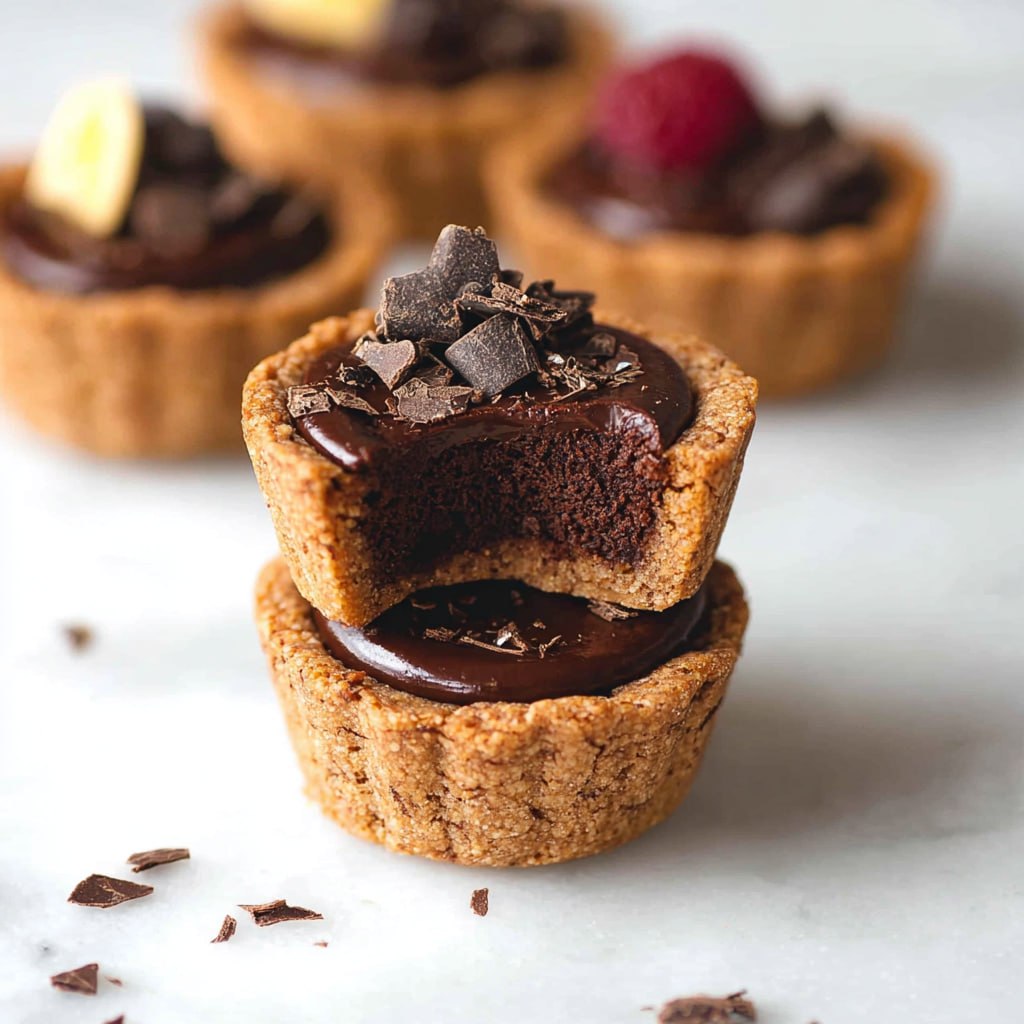 Close-up of mini brownie tart showing crisp brownie shell, silky ganache center, fresh berry, and edible gold leaf