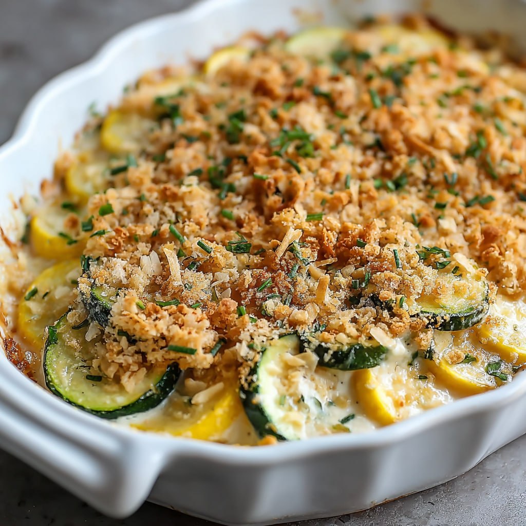 Close-up of summer squash casserole serving showing tender yellow squash, creamy cheese sauce, and crispy buttery Ritz cracker crust