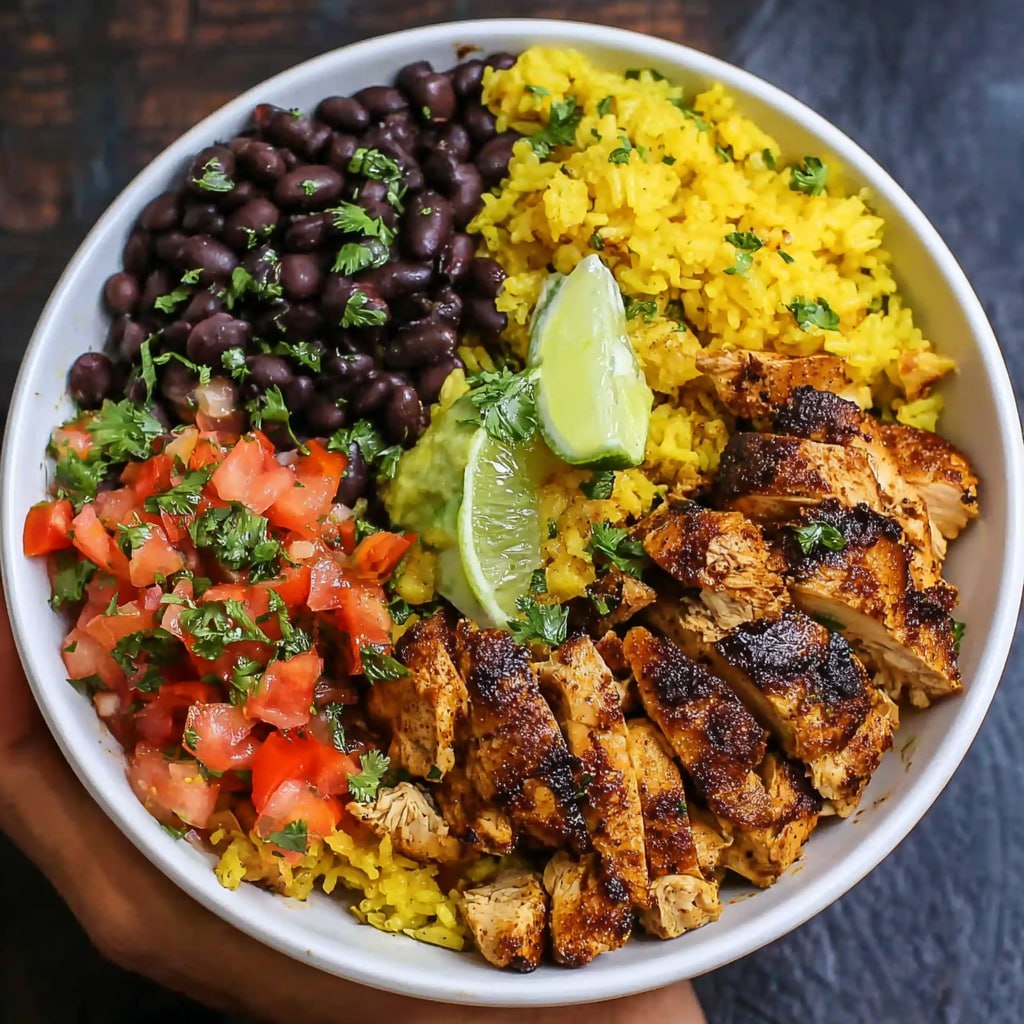 Close-up of Cuban-style rice bowl with citrus-marinated chicken, sofrito black beans, sweet plantains, and lime wedges