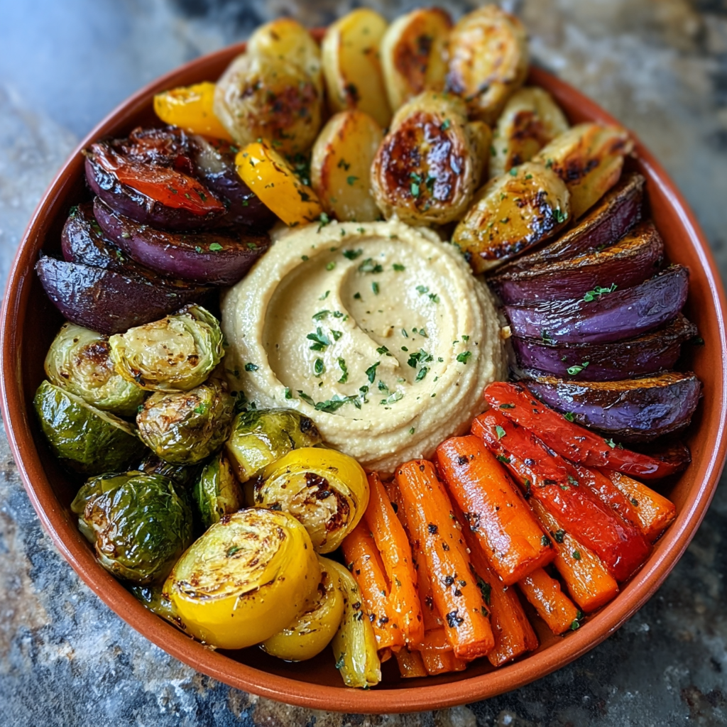 Close-up of Mediterranean roasted veggie bowl showing caramelized carrots, beets, brussels sprouts, blistered tomatoes, hummus with olive oil pool, sesame seeds