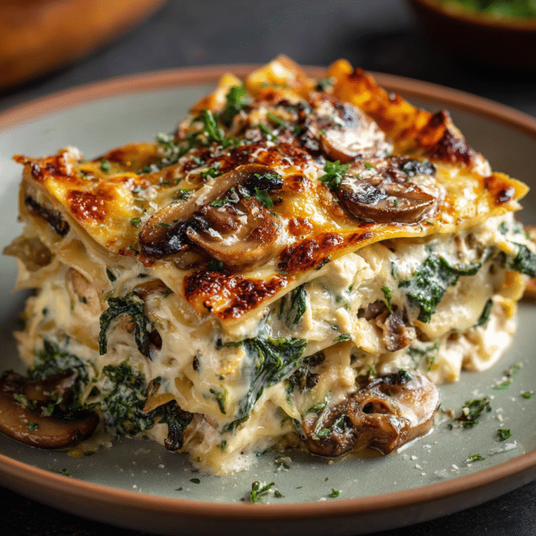 Mushroom and spinach lasagna in a white baking dish with golden-bubbly cheese top, layers of creamy bechamel, mushrooms, spinach and ricotta