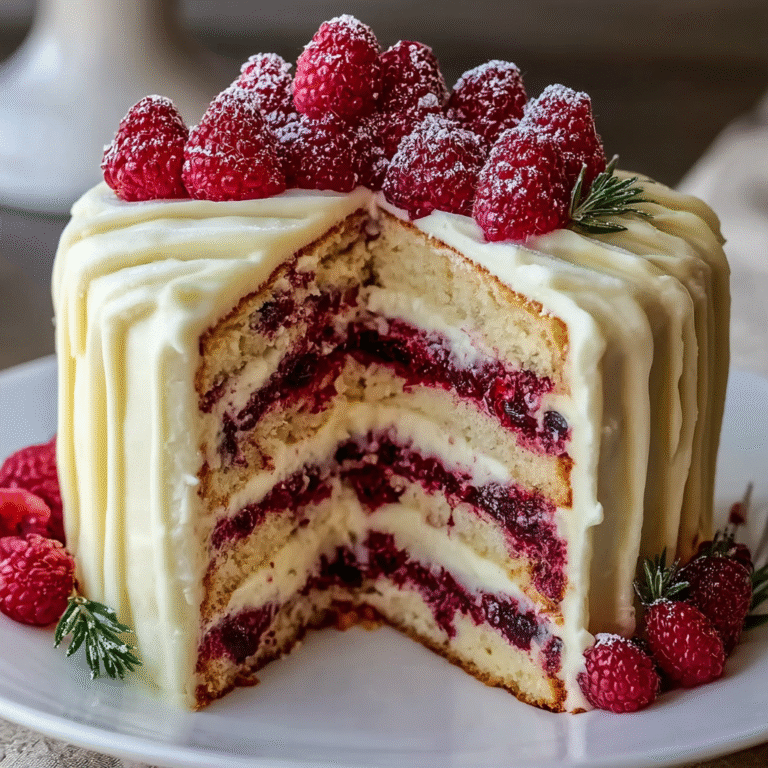 White chocolate raspberry layer cake on a cake stand with four layers, white chocolate buttercream, raspberry filling between layers, fresh raspberries on top