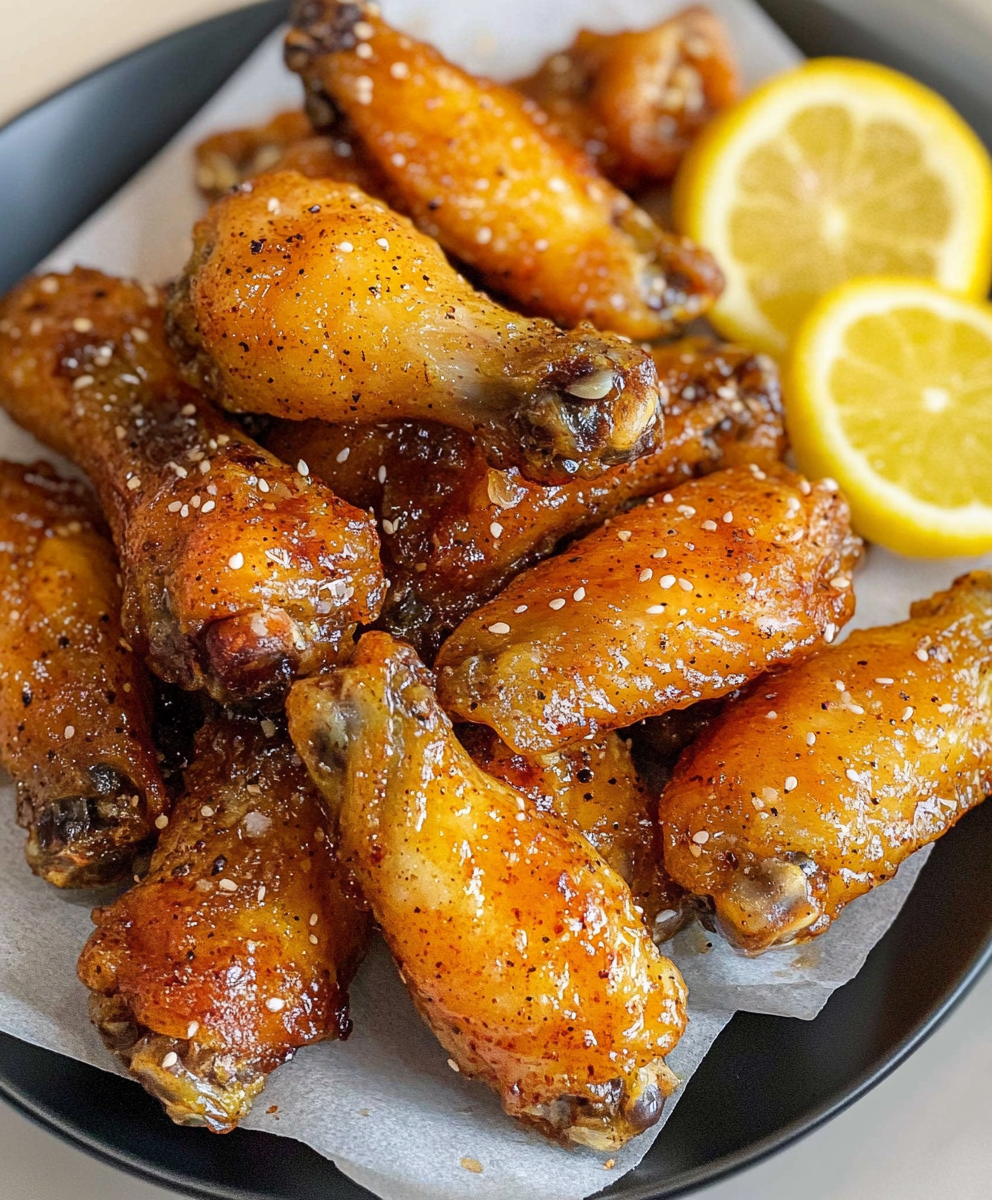 Close-up of honey lemon pepper chicken wings showing sticky glaze, crispy skin, lemon zest, cracked black pepper and lemon wedges